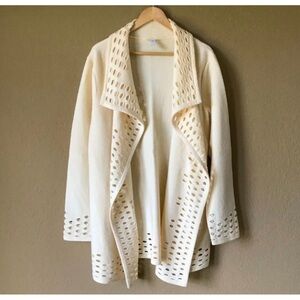Chico's 0 Sz S 100% WOOL Ivory Cream Perforated Cut-Out Cardigan Sweater